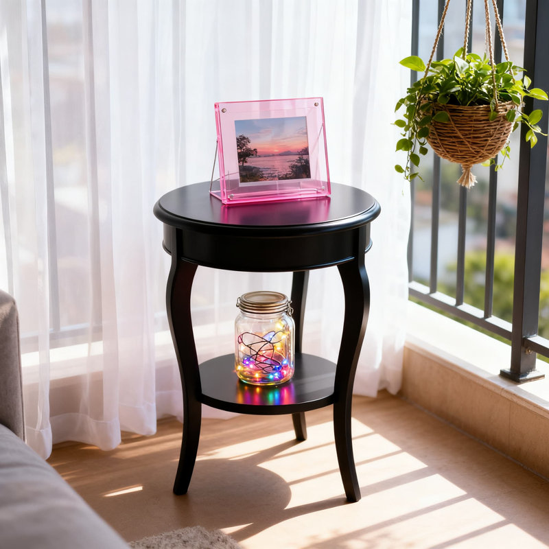 Round End Table With Lower Shelf For Living Room, Bedroom, Or Office, Solid Wood Construction, 18 Inch Wide Accent Table