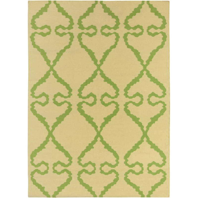 Tapis en laine et en coton à motif treillis Cork, Vert/crème, Rectangle 5 pi x 7 pi
