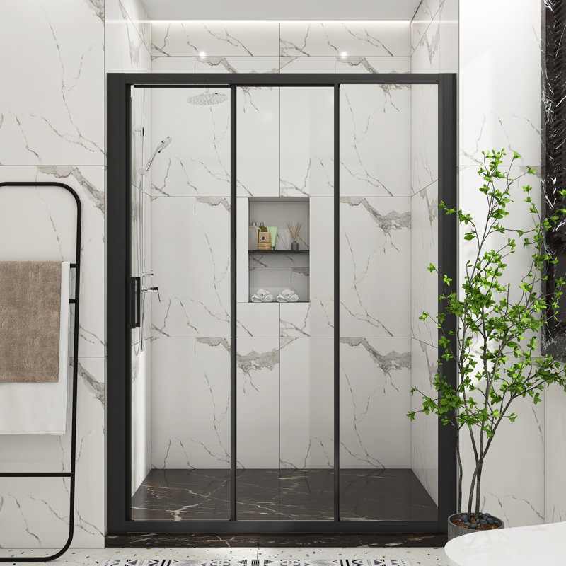 Matte Black 60" x 70" Sliding Semi-Frameless Shower Door with Clear Glass