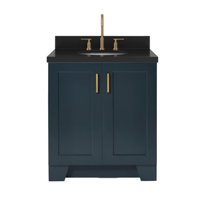 Freitas 30" Solid Wood Single Bathroom Vanity in Midnight Blue with 1.5" Carbon Black Quartz Top, Center, Oval Sink