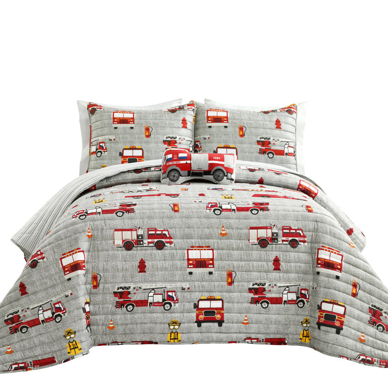  Fire Truck Quilt Set, Red/Gray, Full/Double Quilt + 2 Shams + 1 Throw Pillow