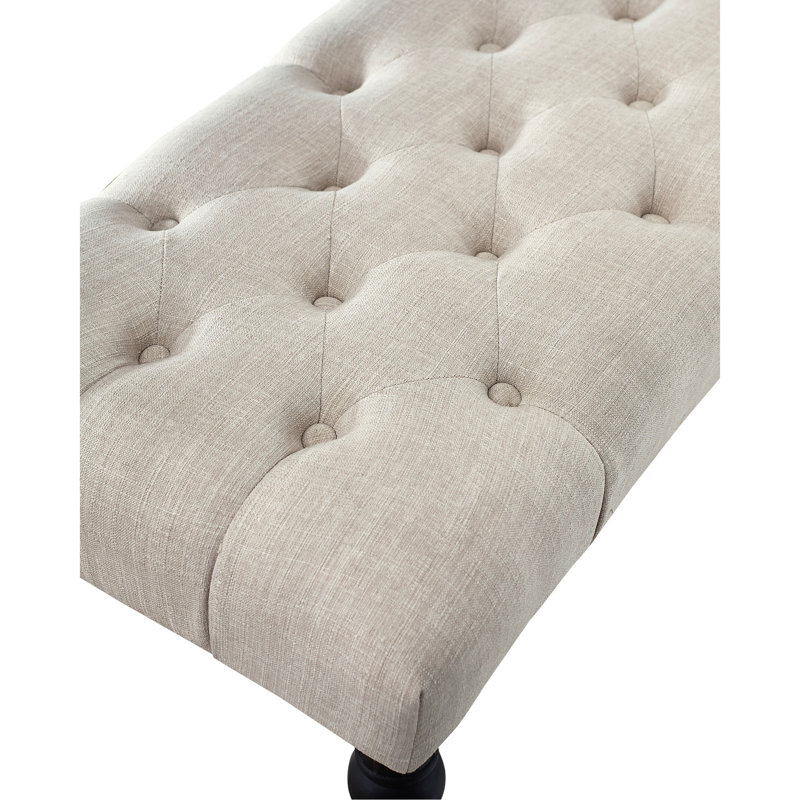 Banc de salle à manger en bois massif beige avec siège en tissu et pieds galbés, 122 cm (l) x 41 cm (p) x 50 cm (h). Assise capitonnée.