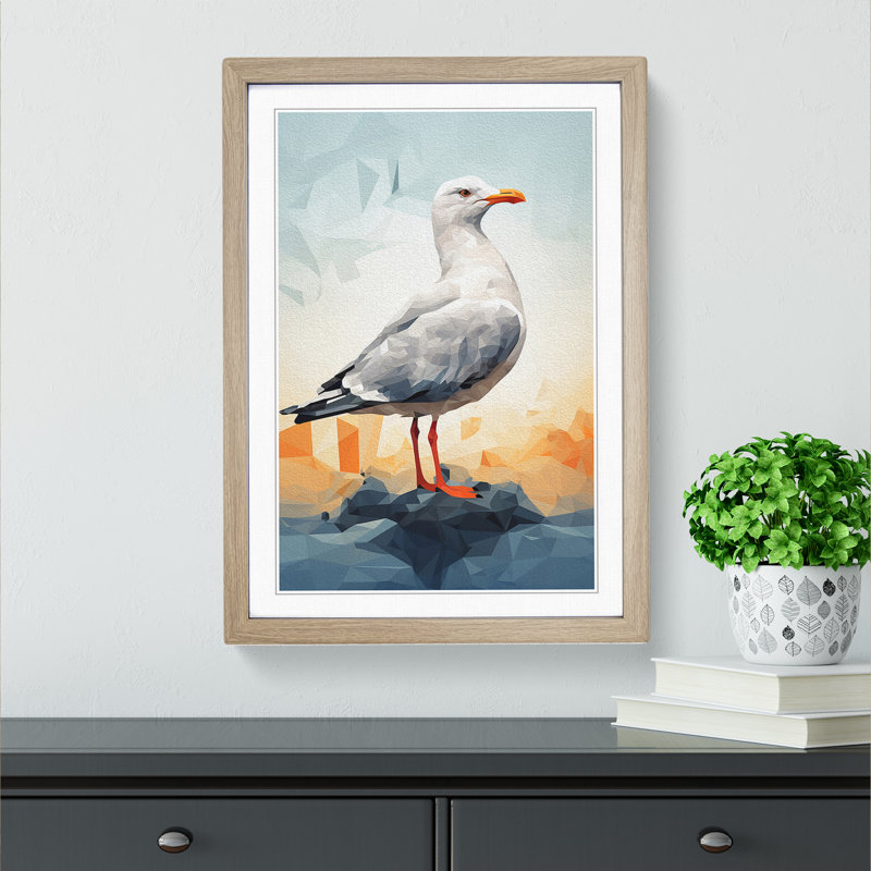 Seagull Geometric - Single Picture Frame Print on Wood, Oak, 34cm H x 25cm W x 2cm D