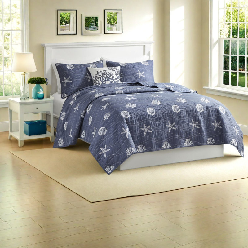 Luxury Cotton Bedding Sets, Reversible Quilted Design, Coastal Style For Home
