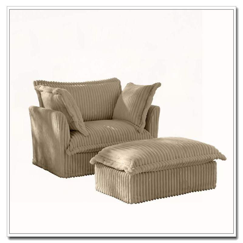 Fauteuil d'appoint en velours côtelé 2 grands coussins décoratifs, repose-pieds inclus, Chameau