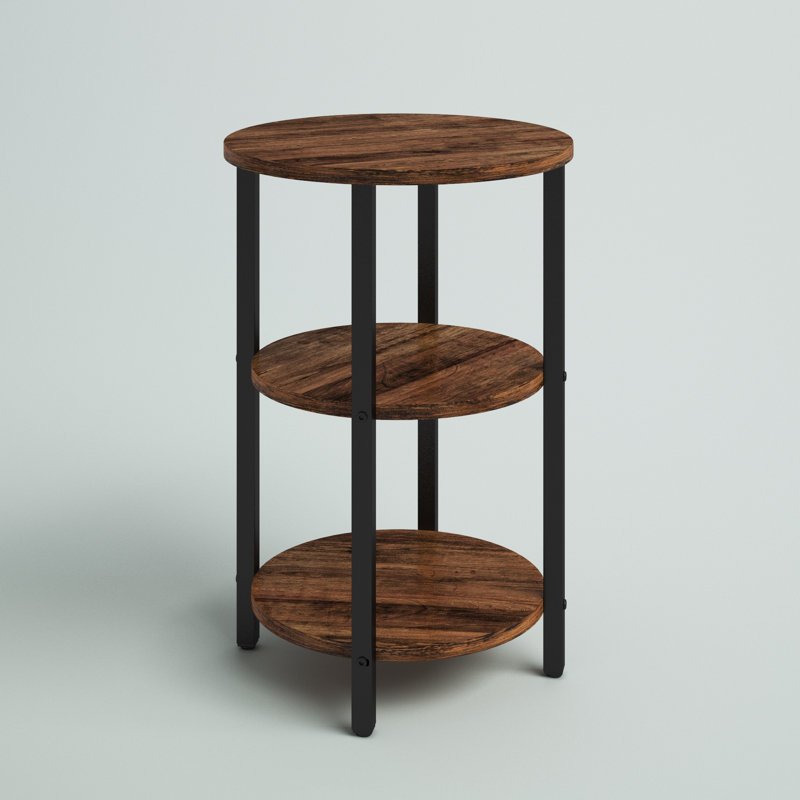 Mauch Round End Table with 3-Tier Storage Shelves, Rustic Brown/Black