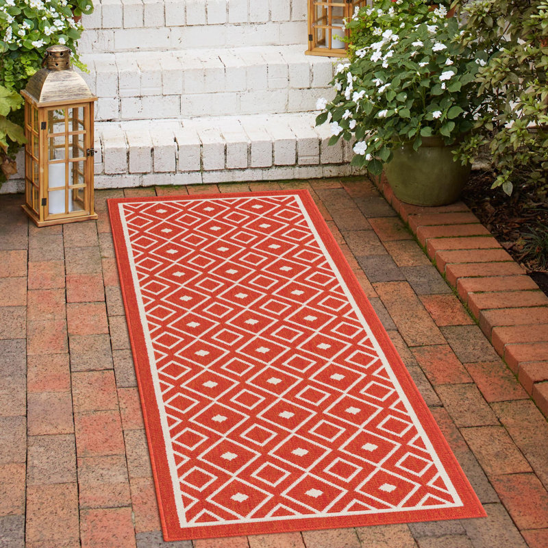 Outdoor Preen Area Rug Red Ivory Color, Runner 2' x 6'1"