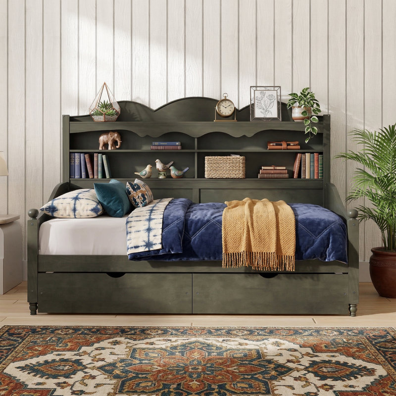 79.3" Twin Daybed With Storage Headboard And 2 Drawers - Solid Wood Bed Frame - Antique Grey, Green