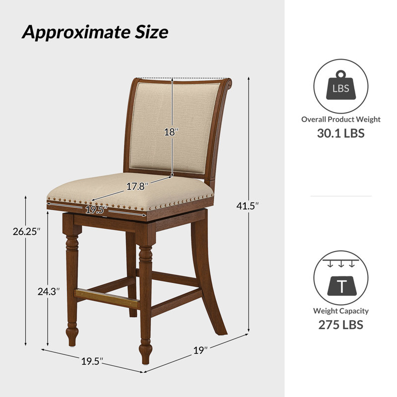 Blerona Farmhouse Swivel Bar Stool With Nailhead Trims Set Of 4, Walnut