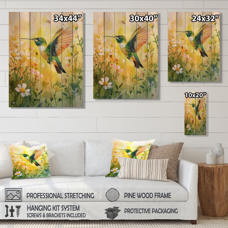 Hummingbird In The Sunshine I - Bird Wood Wall Art - On Natural Pine Wood, 44" H x 34" W x 0.78" D