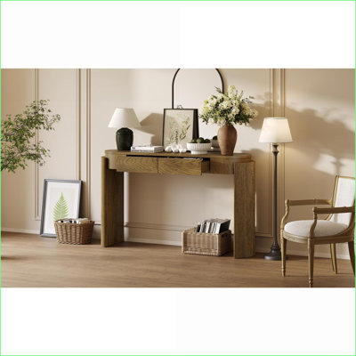 Table basse en grain de bois naturel avec pieds cannelés et 2 tiroirs - Rangement intemporel pour vestibule / salon