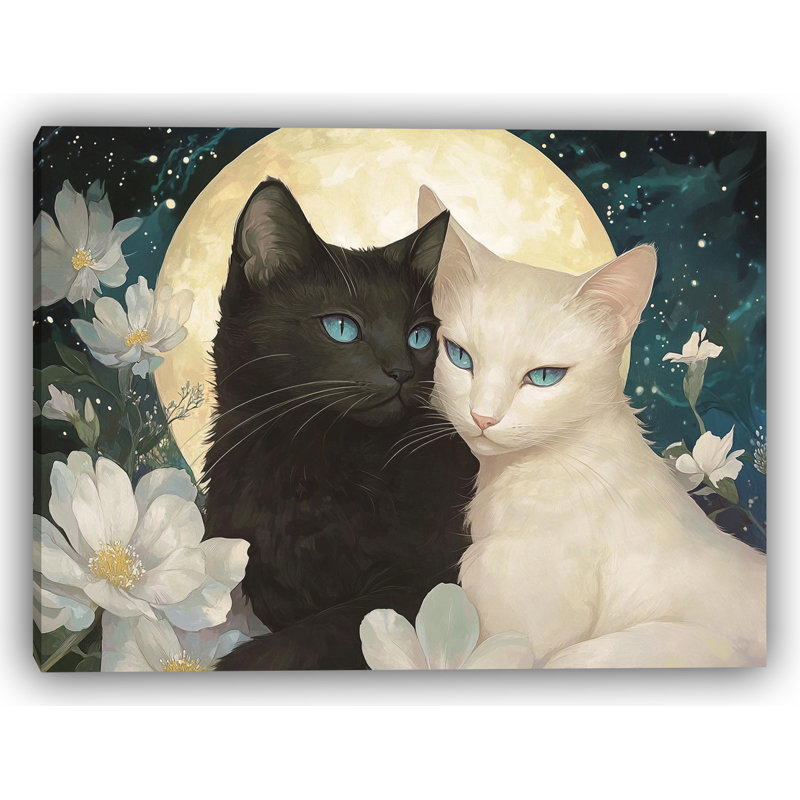 Moonlit Whispers - Chat romantique avec fleurs et toile de lune, H 16 po x l 24 po