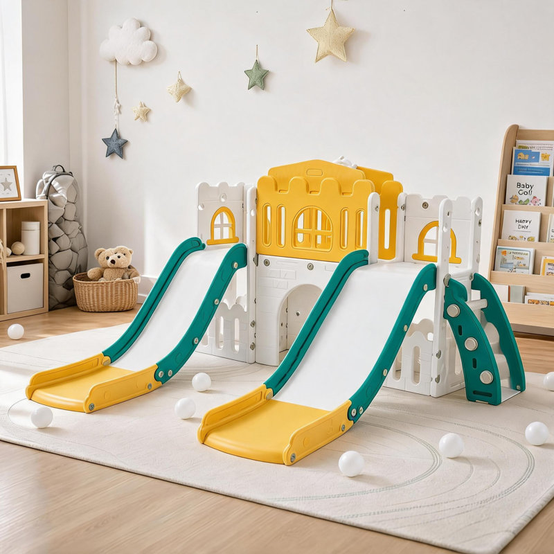 Aire de jeux 10-en-1 pour enfants avec glissade, structure d'escalade, panier de basketball, tunnel, rangement et jeu de lancer d'anneaux. Parfait pour l'intérieur et l'extérieur.