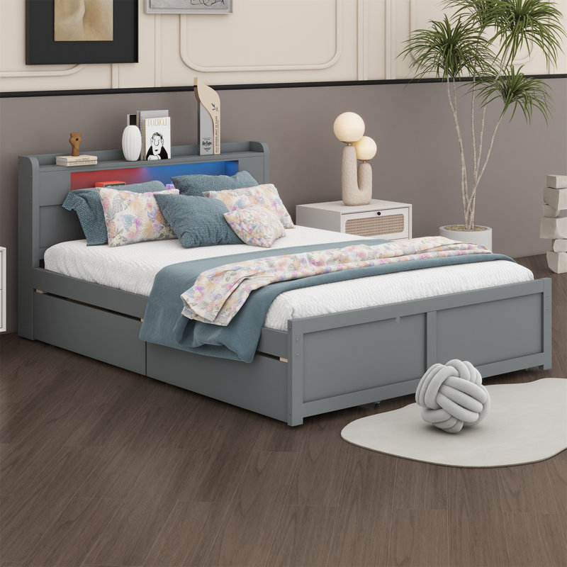Lit plateforme en bois avec rangement à DEL, tiroirs et lit gigogne, Gris