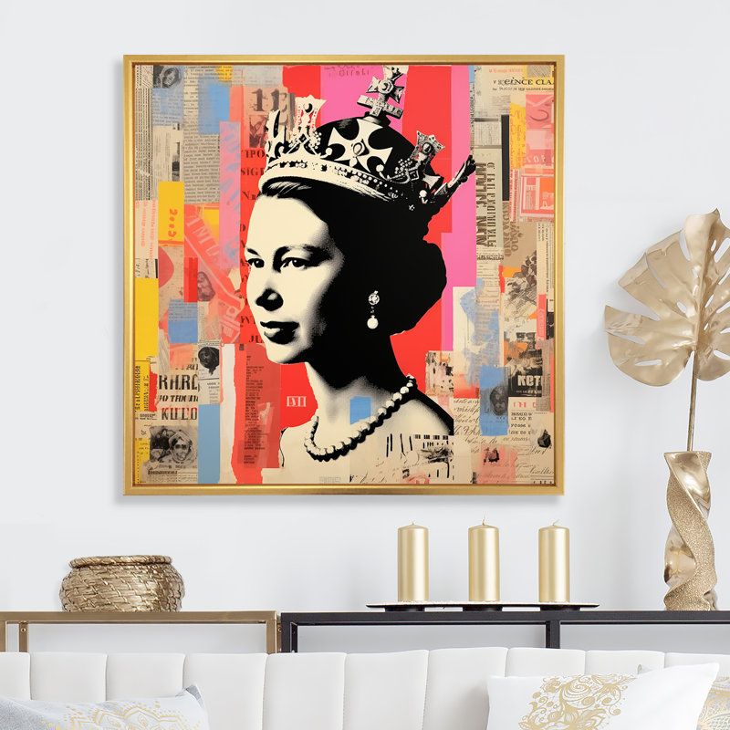 Coloré popart iconique, reine du Royaume-Uni 2 - art mural célébrité, H 16 po x l 16 po x P 1 po, Cadre flottant doré