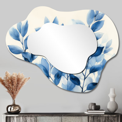 «Soft Leaves In Hazy Blues Watercolor I», miroir décoratif asymétrique pour plantes, miroir mural traditionnel irrégulier, imprimé sur métal