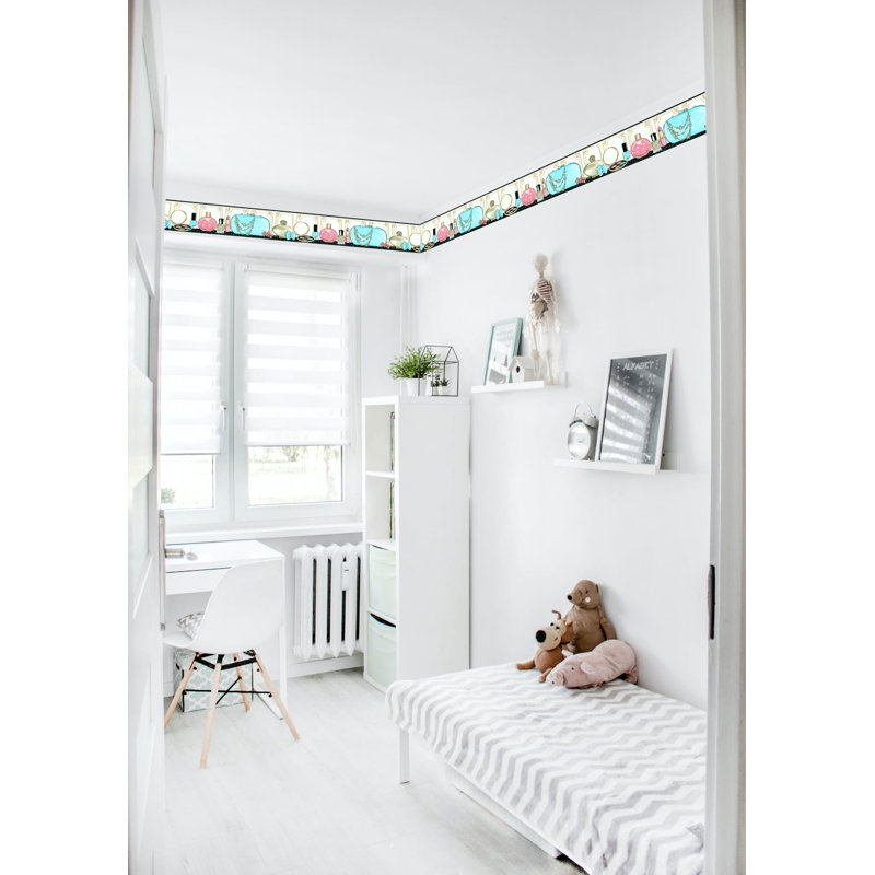 Bordure de papier peint L 15 pi x l 7 po Jakiaya, Crème / bleu / rose