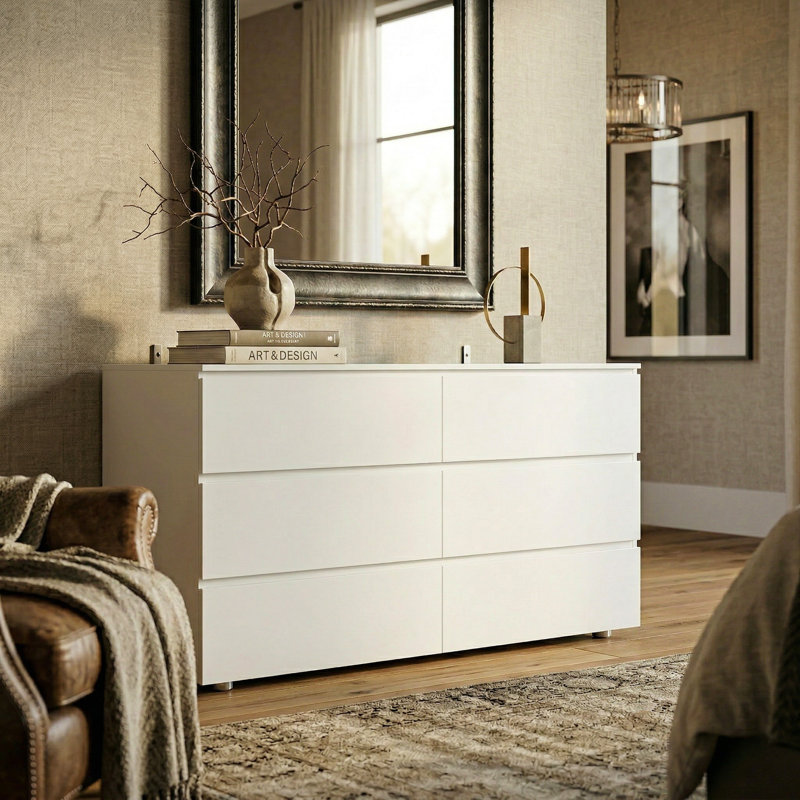 Commode 6 tiroirs avec rangement solide, Blanc