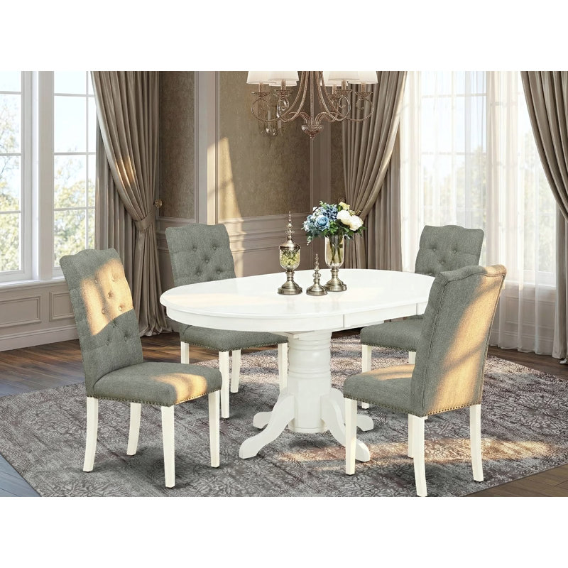 5 Piece Modern Dining Table Set Includes an Oval Wooden Table with Butterfly Leaf and 4 Gray Linen Fabric Upholstered Chairs, Linen White