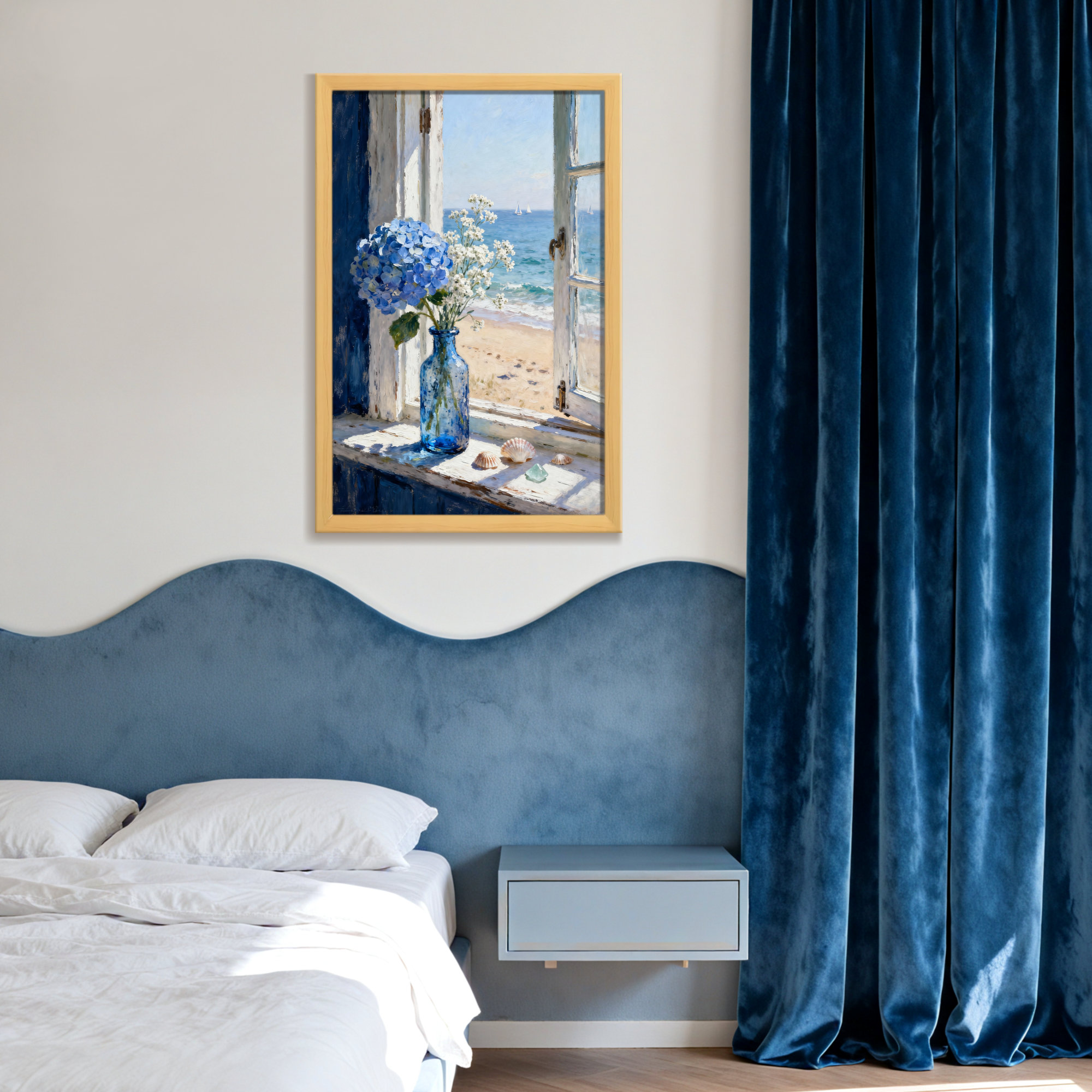 Charlton Home® Plants &Flowers Blue Flowers In Vase By Window Sea View ...