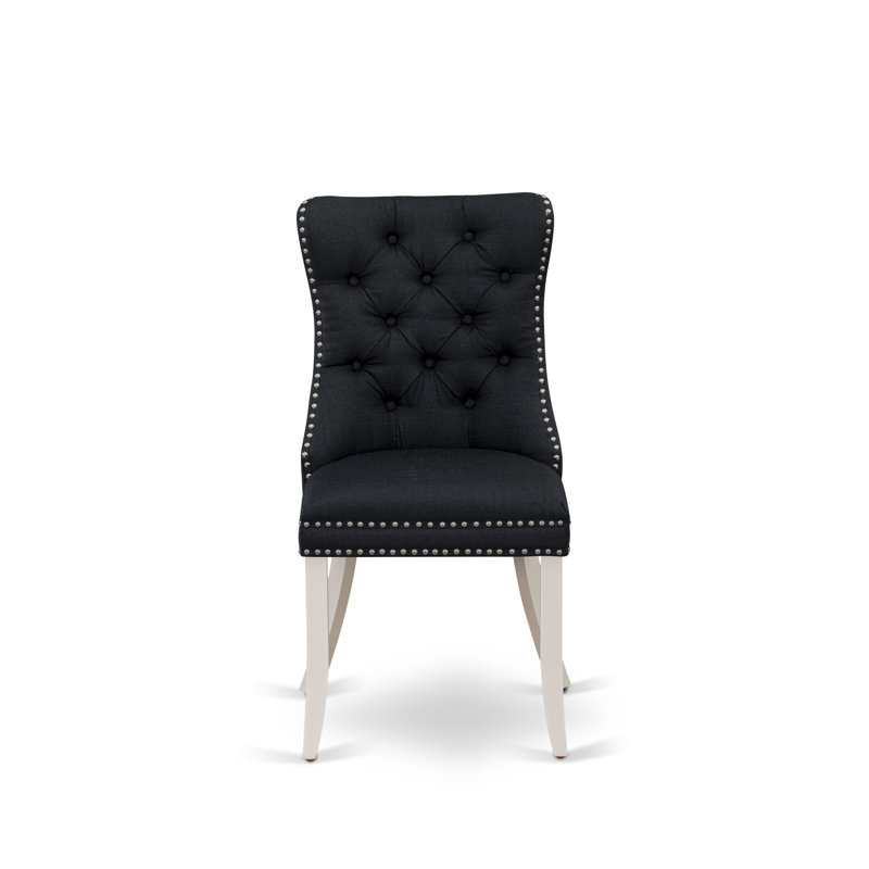 Dallas Parson Dining Chairs, Button Tufted Back with Nailhead Trim, Black Polyester Fabric Padded Chairs, Set of 2, Linen White