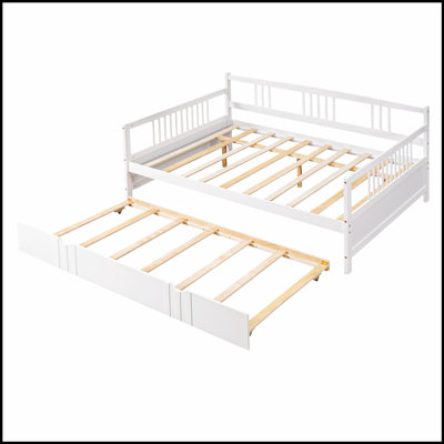 Sturdy Pine Wood Daybed with Trundle, Perfect for Small Spaces and Dual-Purpose Use as Sofa and Bed.