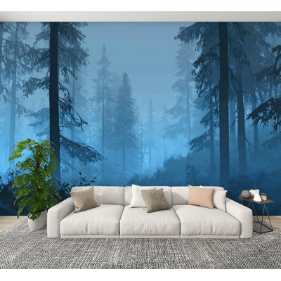 Papier peint adhésif à peler et coller, grand angle, arbres de pin, brume, forêt, forêt, murales, murales, H 100 po x l 144 po, papier peint amovible en PVC, adhésif mural pour chambre à coucher, bureau à domicile