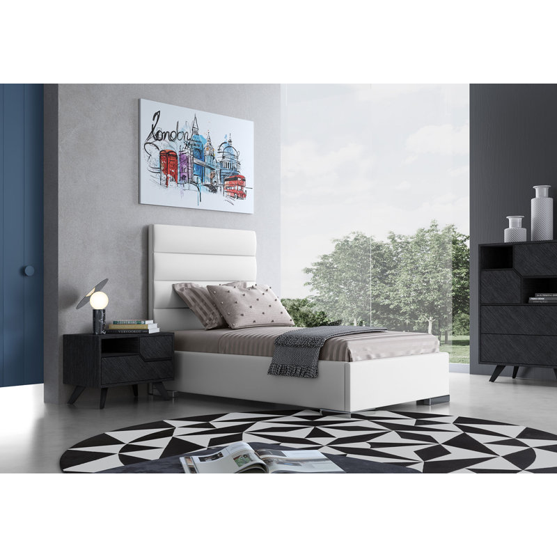 Prince Upholstered Platform Bed, Twin, White  Eco Leather