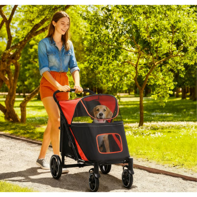 Poussette pour chien, poussette pliable pour animal de compagnie en un clic, roues à absorption des chocs, rouge