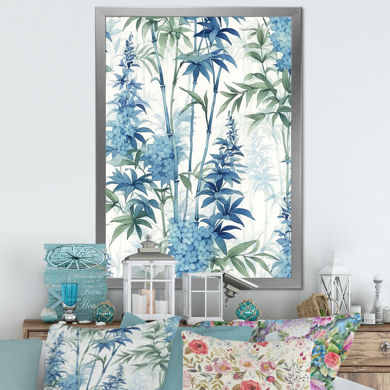 Sérénité chinoise en bambou bleu II sur toile, H 20 po x l 12 po x P 1 po, Cadre photo argenté