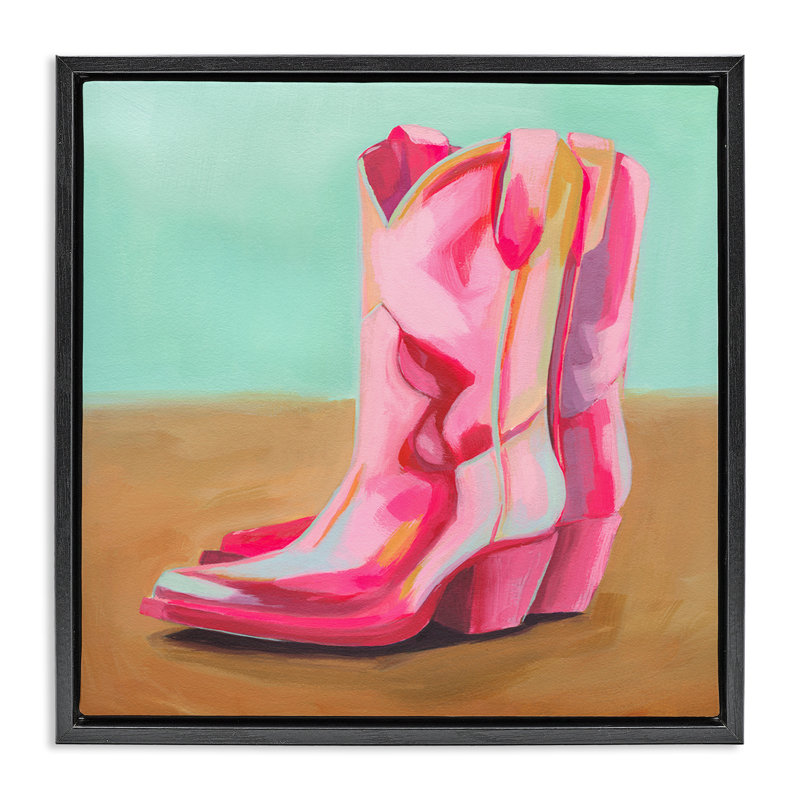 Art sur toile flottant encadré par des bottes de cowboy roses par Grace Popp, Cadre flottant noir de jais, H 18 po x l 18 po