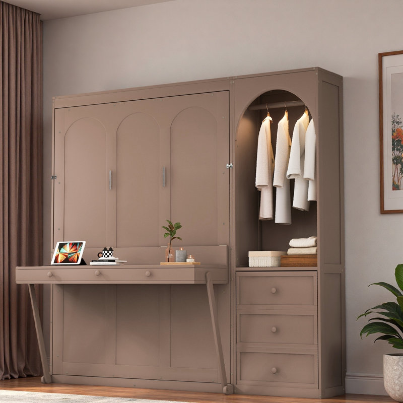 Lit escamotable avec tablette Stoarge, bureau, lumière DEL, armoire et 3 tiroirs Murphy, Brun