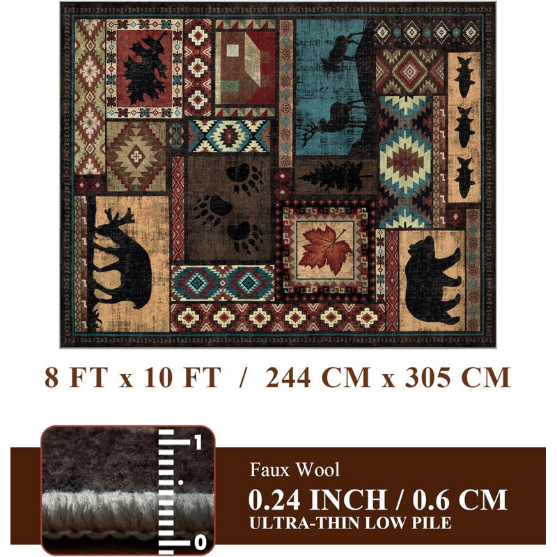Rustic Lodge Cabin Machine Washable Area Rug with Wildlife Motifs, Rectangle 8' x 10'