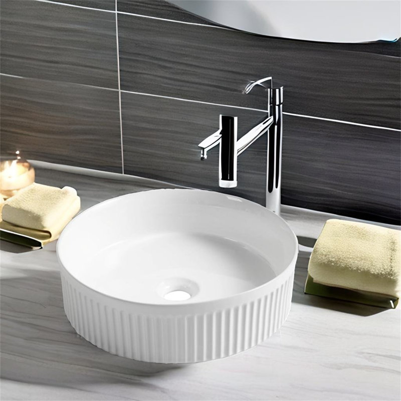 Lavabo de salle de bain vasque circulaire en céramique blanche avec trop-plein 15,75 po TONWIN