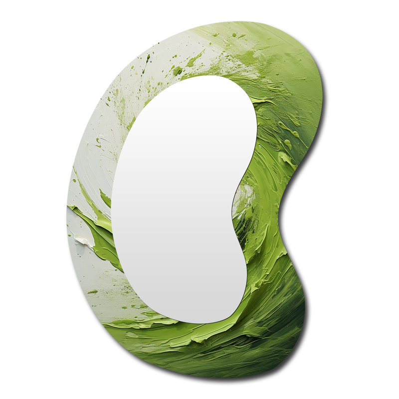 Spirale abstraite verte et blanche chuchotant II - Miroir mural moderne abstrait aux formes asymétriques, 39 po x 28 po