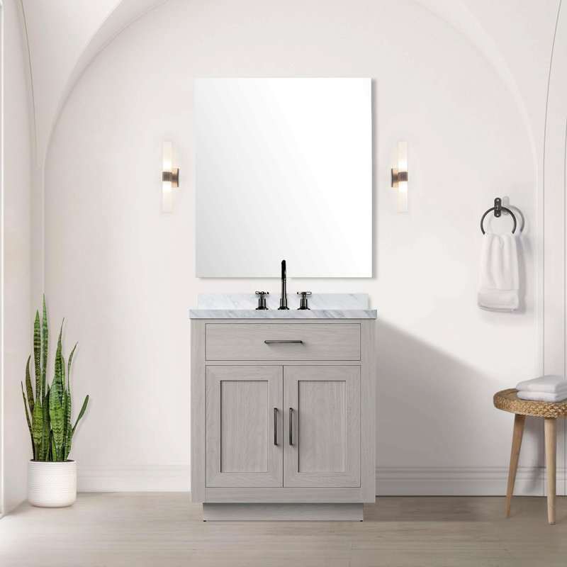 Meuble-lavabo simple en chêne blanc 30 po X P 22 po D, avec plateau en marbre de Carrare, Blanc, Noir mat, 30"