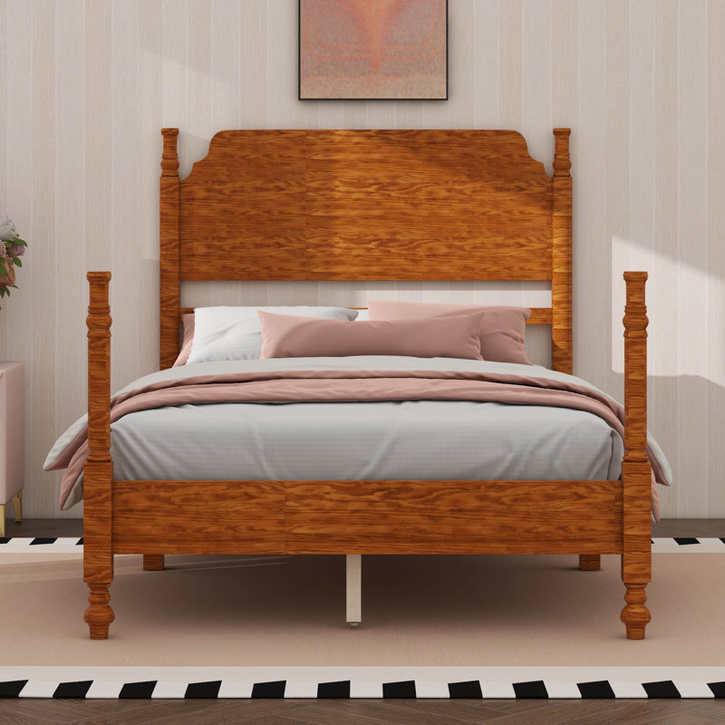Cadre de lit grand rétro en bois avec tête de lit, Full, Light Walnut