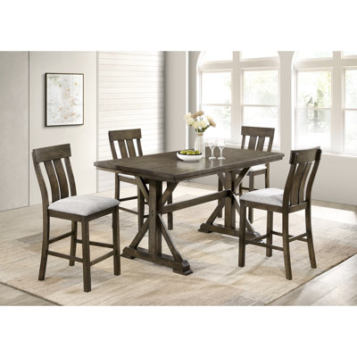 Table à manger à hauteur de comptoir 5 pièces avec finition brun rustique, table à tréteaux et sièges rembourrés pour les réunions de famille