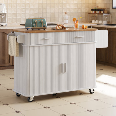 Îlot de cuisine en bois massif, grand chariot de cuisine à roulettes avec abattant de 56 po, table de cuisine mobile avec tiroirs, armoire de rangement et roulettes verrouillables