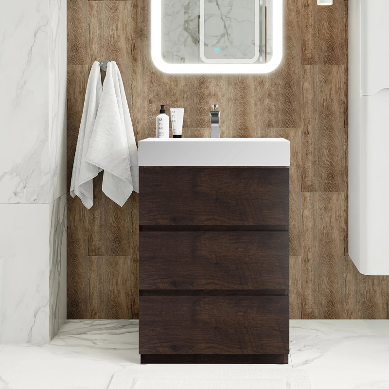 Meuble-lavabo simple autoportant 24 po avec plateau en résine 24 po, Noyer