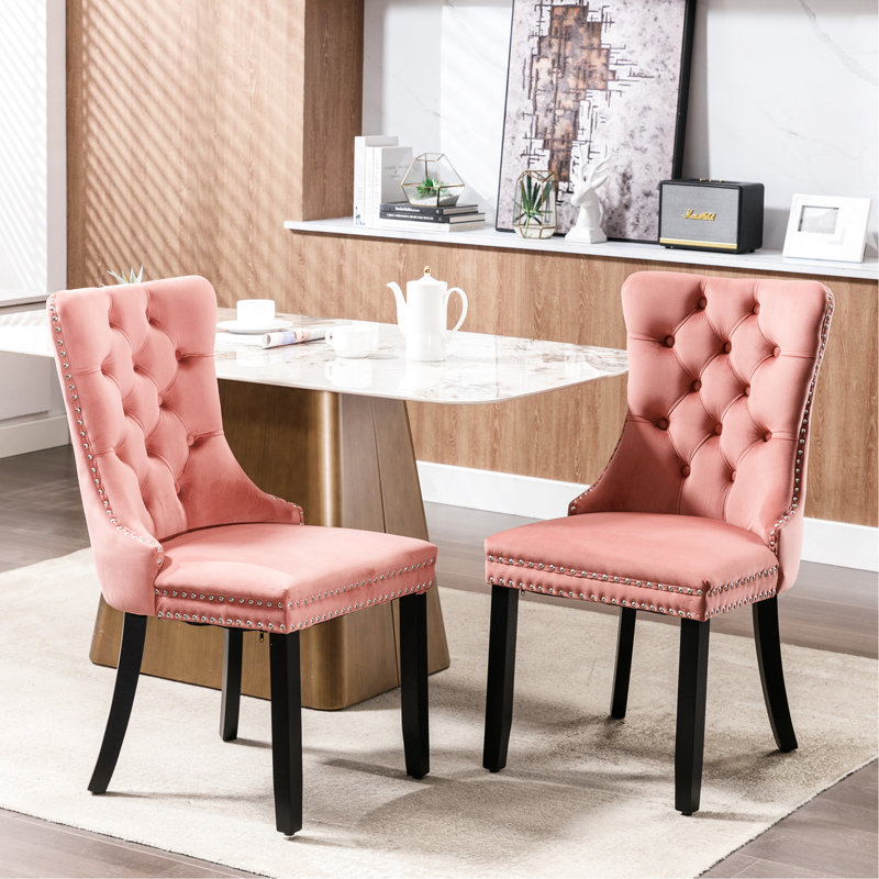 Chaise de salle à manger avec housse en velours rose et pieds en bois, 2 chaises hautes, 2, coussin en mousse confortable et structure stable