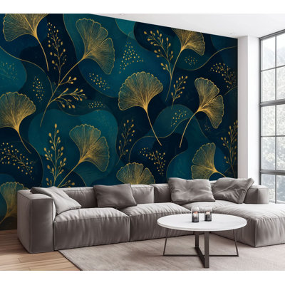 Wall Mural Peel and Stick Wallpaper Seamless golden gingko leaf An endless green leaves Self-Adhesive Removable Contact Paper Wall Decor for Living Room Bedroom 100"H x 144"W