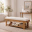 Banc d'entrée rustique en bois massif de 150 cm, banquette rembourrée en tissu bouclé avec étagère à chaussures à lattes