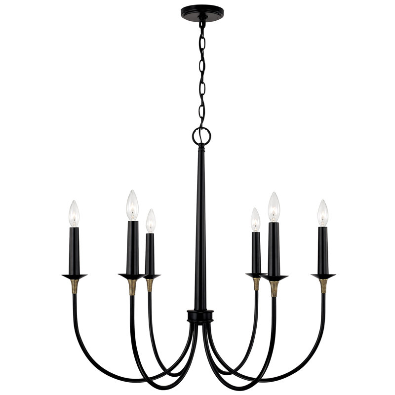 Lustre moyen 6 lumières l 30,5 po x H 29 po noir mat avec laiton et détails enveloppés de laiton