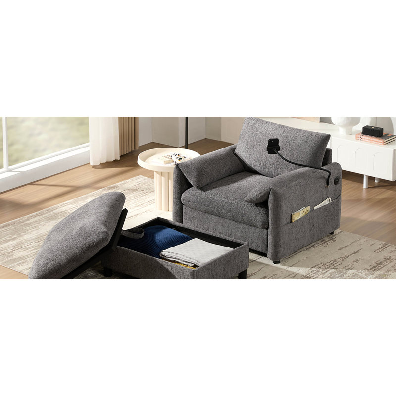 Canapé simple de 38 po avec repose-pieds de rangement, support de téléphone réglable, chargeur USB, poches de rangement latérales, accoudoirs en forme d'oreiller, méridienne à assise large pour le salon, chenille