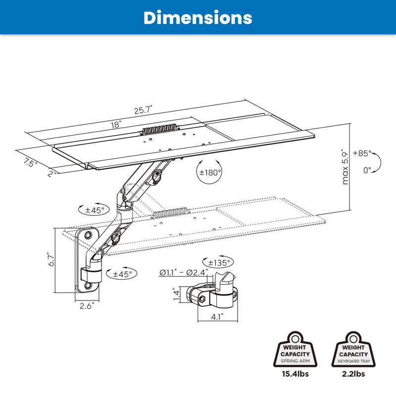 Black Adjustable Wall-Mounted Keyboard Tray with Spring Arm
