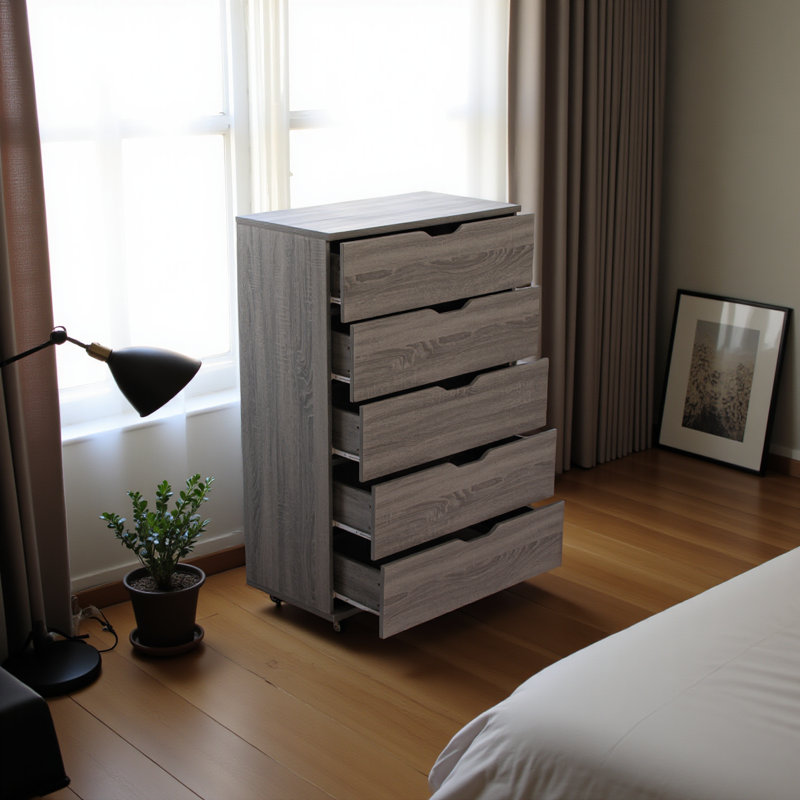 Commode de rangement grise à 5 tiroirs avec roulettes - Armoire de rangement moderne