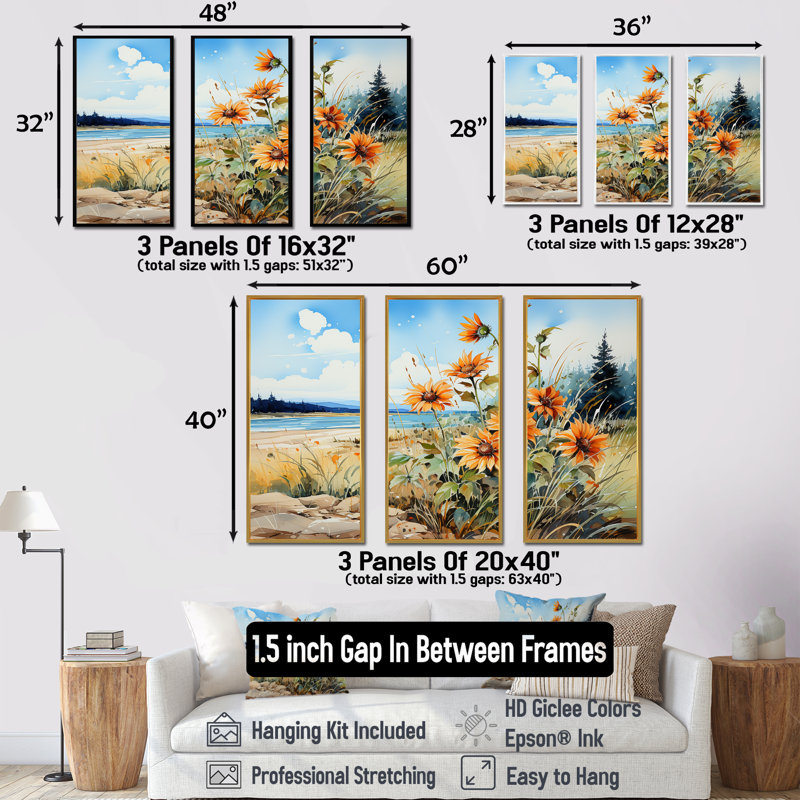 Tournesols sur la plage - ensemble de reproductions d'art mural tournesols, Cadre flottant blanc, H 28 po x l 36 po x P 1 po