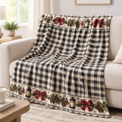 Couverture à carreaux Buffalo avec nœud et lanterne de Noël (1 pièce) – Douce et chaude ; lavable à la machine sur un seul côté ; idéale pour la décoration intérieure, les activités de plein air et les fêtes de fin d'année. Convient également pour la literie et le canapé.