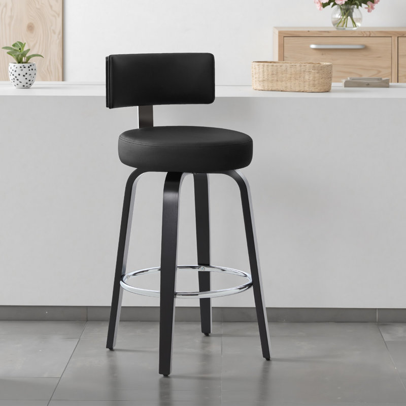 Swivel Upholstered Stool With T-Shaped Backrest, Counter Stool (26" Seat Height), Black, 1